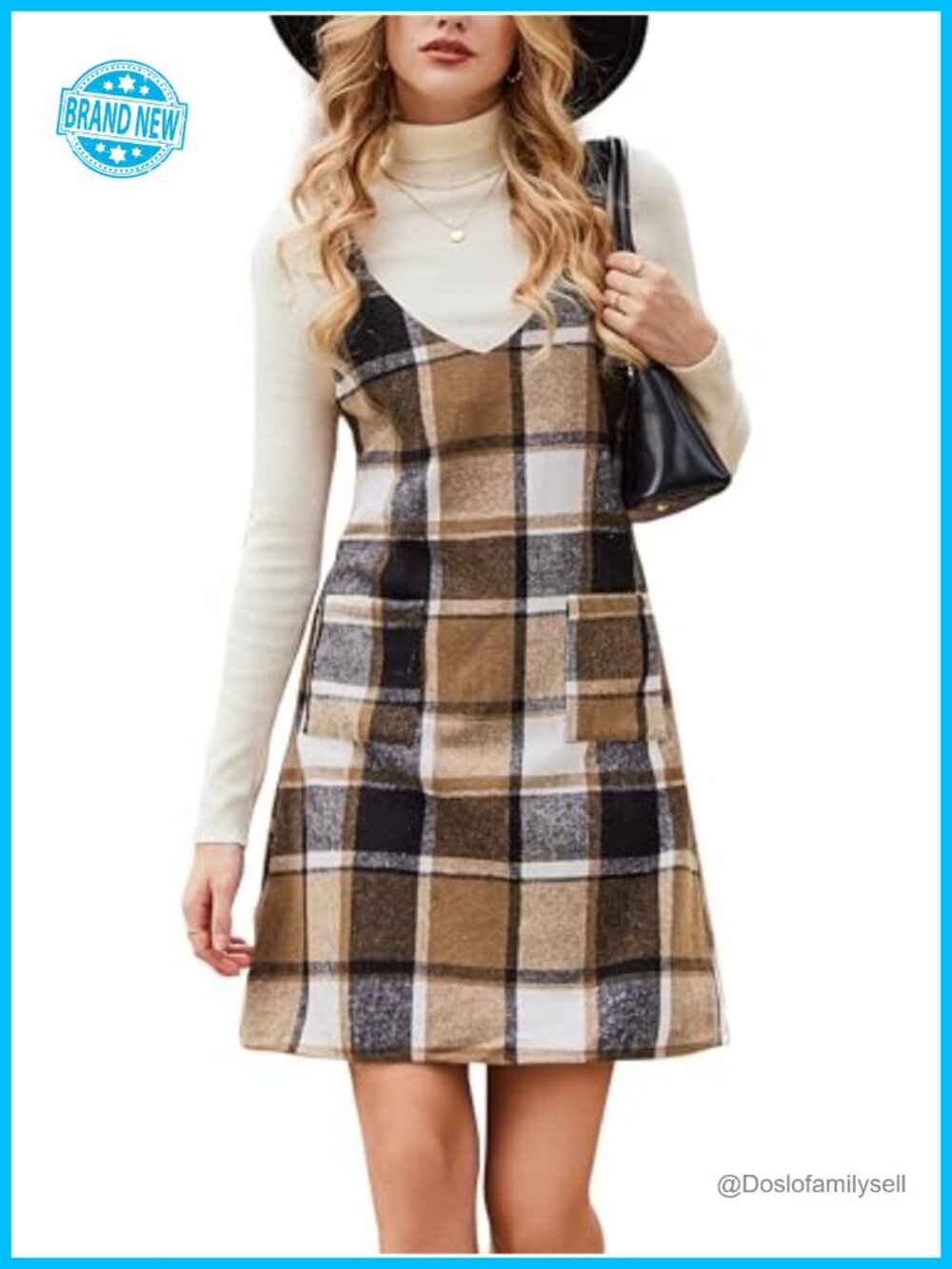 CUPSHE Plaid Pinafore Mini Dress Front Patch Pockets Wide Straps Fall